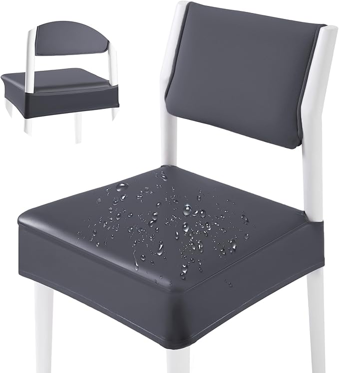 CWK Waterproof PU Leather Dining Chair Covers Set of 4-Stretchable Chair Seat Slipcovers, Removable & Washable Protector for Dining Room,Home,Office,Wedding,Rear Covers (PU-Grey)