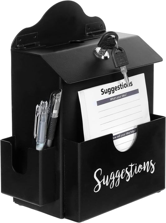 MyGift Classic Matte Black Metal Suggestion Box with Cursive Suggestions Lettering, Wall Mounted or Tabletop Comment Box with Lock, Keys, Paper Sheet and Pen Holder Slots