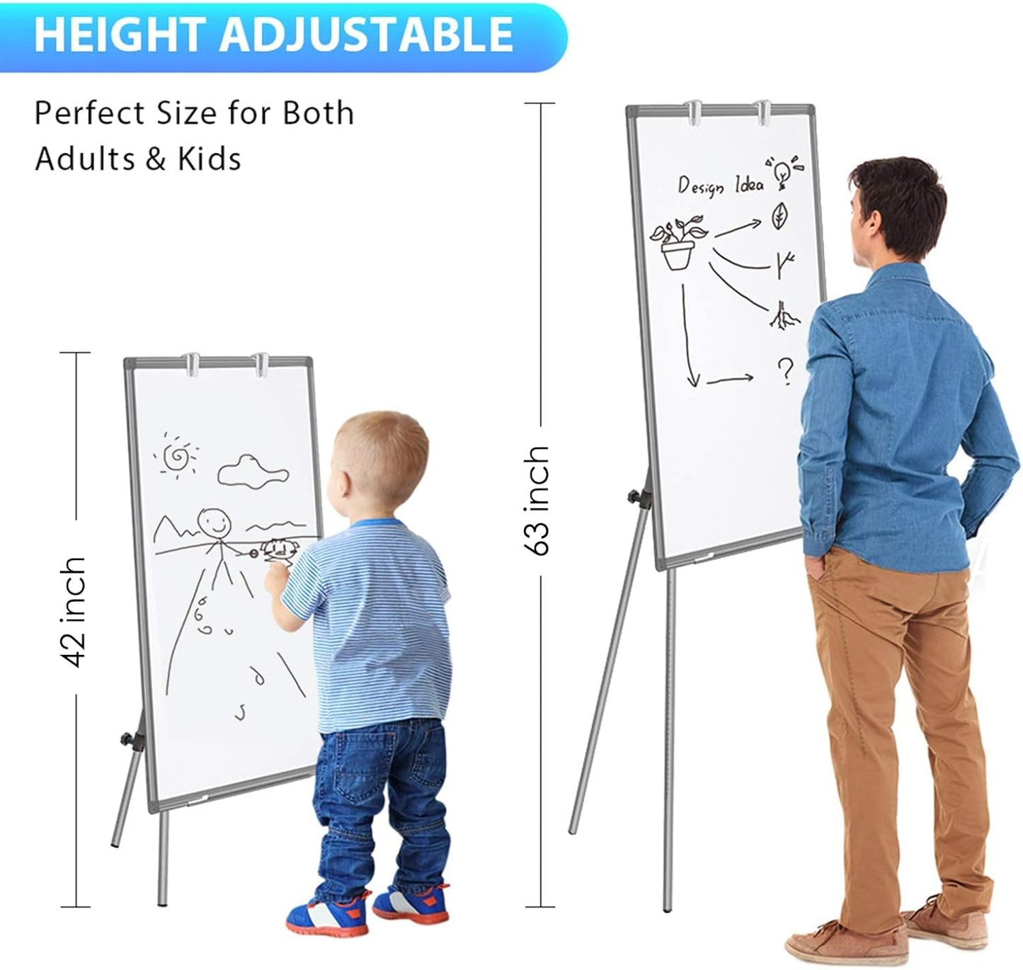 Easel Whiteboard - Magnetic Portable Dry Erase 36 x 24 Tripod Height Adjustable, 3' x 2' Flipchart Easel Stand White Board for Office (36x24 Gray)