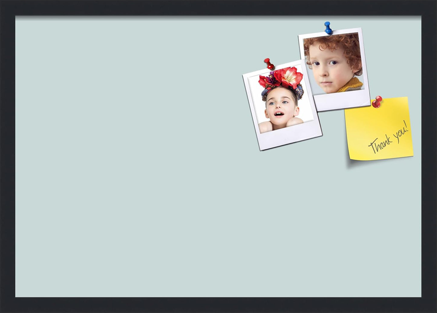 PinPix 26x18 Inch Cork Bulletin Board. This Decorative Framed Pin Board Comes with Soft Blue Design and a Satin Black Frame. Ideal for Home Office Decor or Message Board (PinPix-1814)