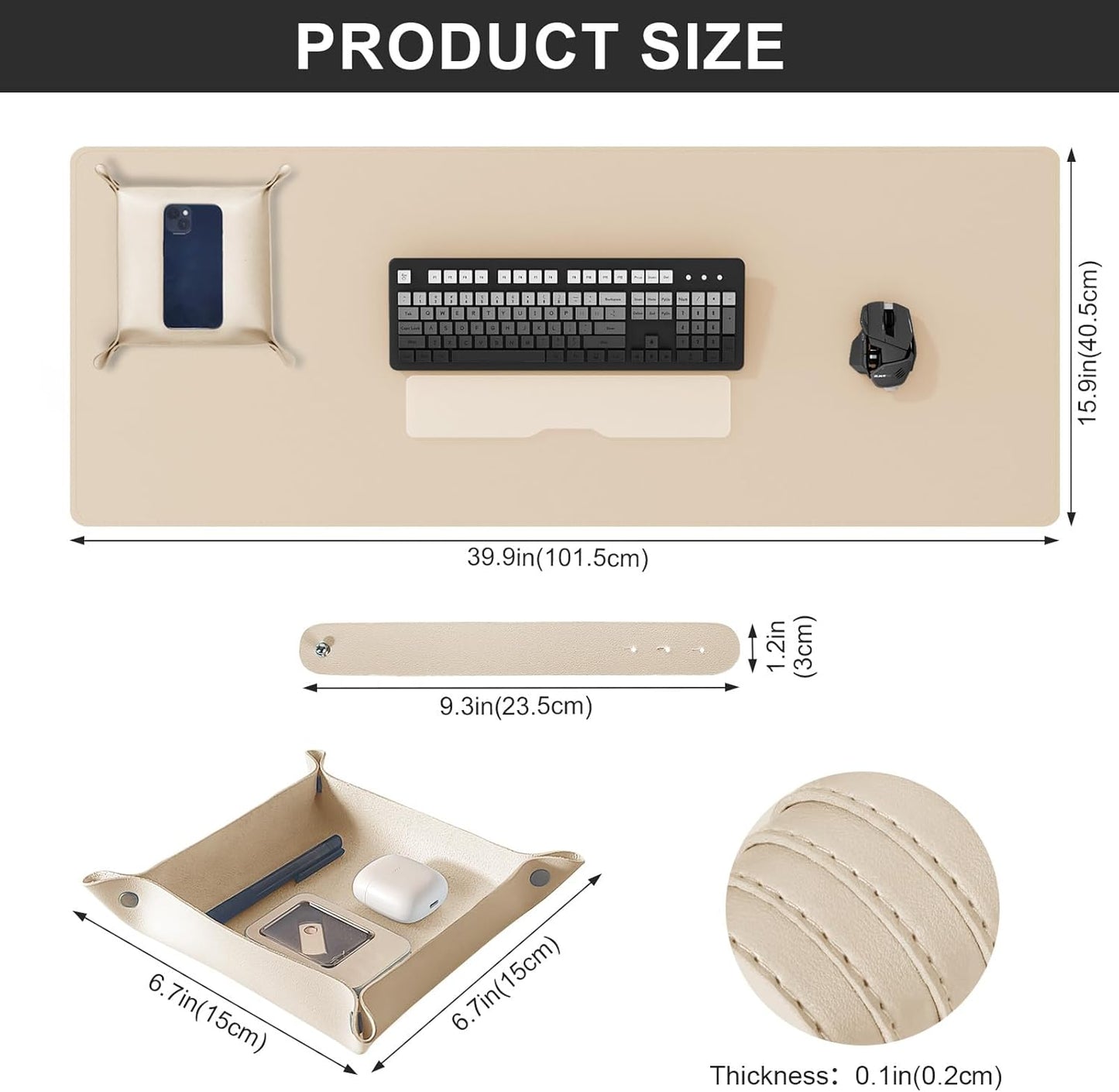 DAWNTREES Dual Sided Desk Mat,Leather Desk Pad,40"x16",Cork Desk Mat Protector,with PU Leather Valet Tray Organizer,Large Mouse Pad,Desk Writing Pad for Office and Home(Khaki)