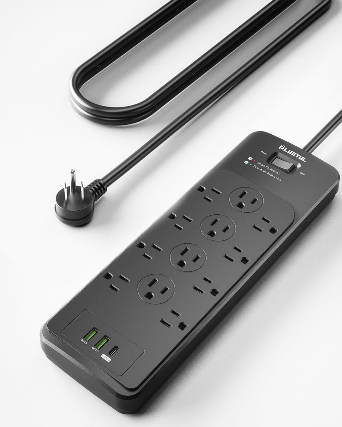 Surge Protector Power Strip 25FT(4080J), PLUGTUL Surge Protector with 12 Outlets - Spacious Design for Large Plugs, Flat Plug, 20W USB C Charging for Home, Office, ETL Listed