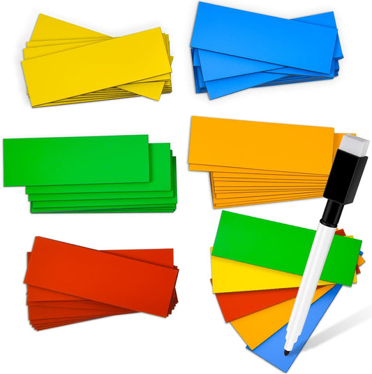 50 Pack Dry Erase Magnetic Labels 5 Colors Reusable Write On Magnets Sticker, Magnetic Blank Writable Erasable Cards Name Tags for White Board, Garage, Classroom, Home, Office, 2.4'' x 0.8''