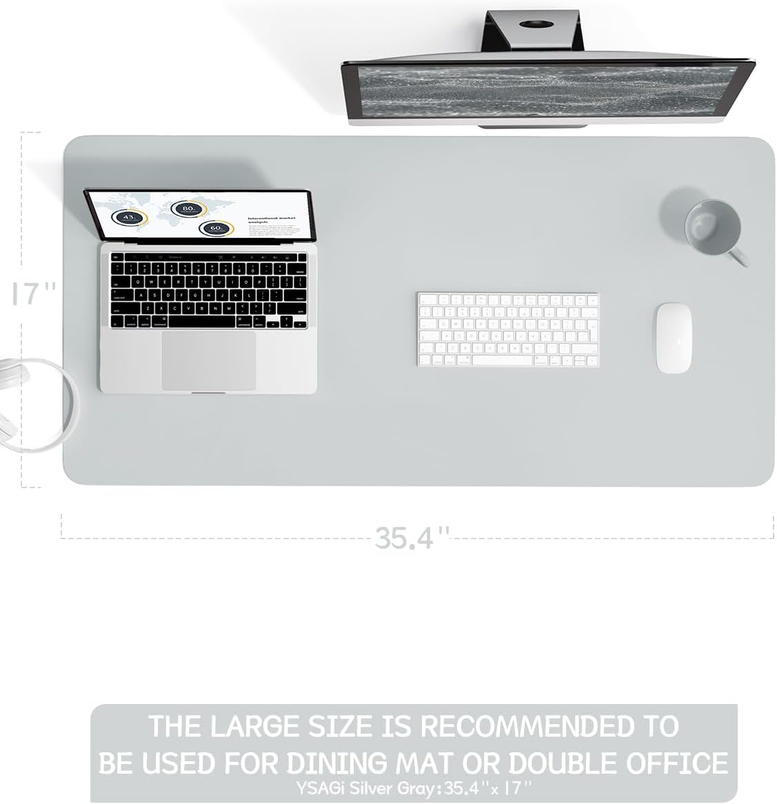 YSAGi Non-Slip Leather Desk Pad L Size, Waterproof Laptop Computer Desk Keyboard Mat, Table Protector Blotter Mat, Large Mouse Pad for Office/Work/Home/Decor(Silver-Grey, 35.4" x 17")