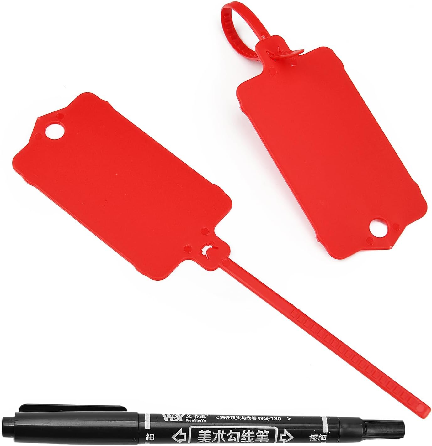 100pcs Blank Plastic Tags for Labeling Reusable Hanging Tags Ties Key Tag Storage Labels Waterproof Plastic Mark Label Writable Hang Sign with One Marker Pen (Red)