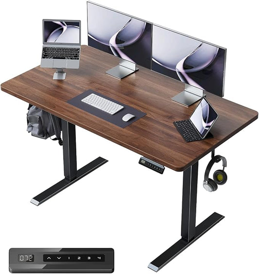 FEZIBO One-Piece Standing Desk Adjustable Height Stand up Home Office Desk, 48x24 Inch Electric Standing Computer Desk, with 4 Memory Presets, Fixable casters, Black Walnut
