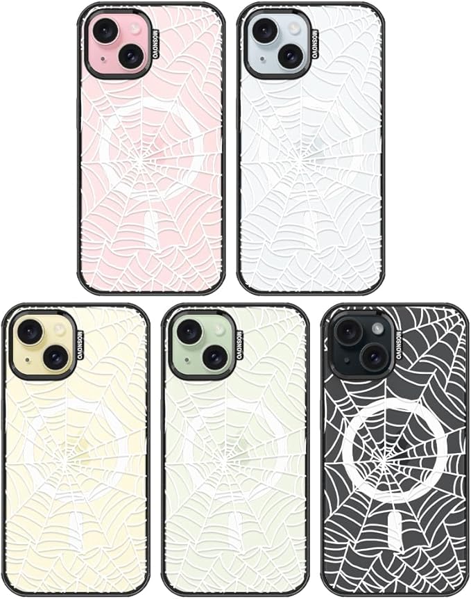 MOSNOVO Magnetic Case for iPhone 15, 10ft Military-Grade Protection, Compatible with Magsafe, Shockproof Phone Case for iPhone 15 - Spider Web - Clear Black