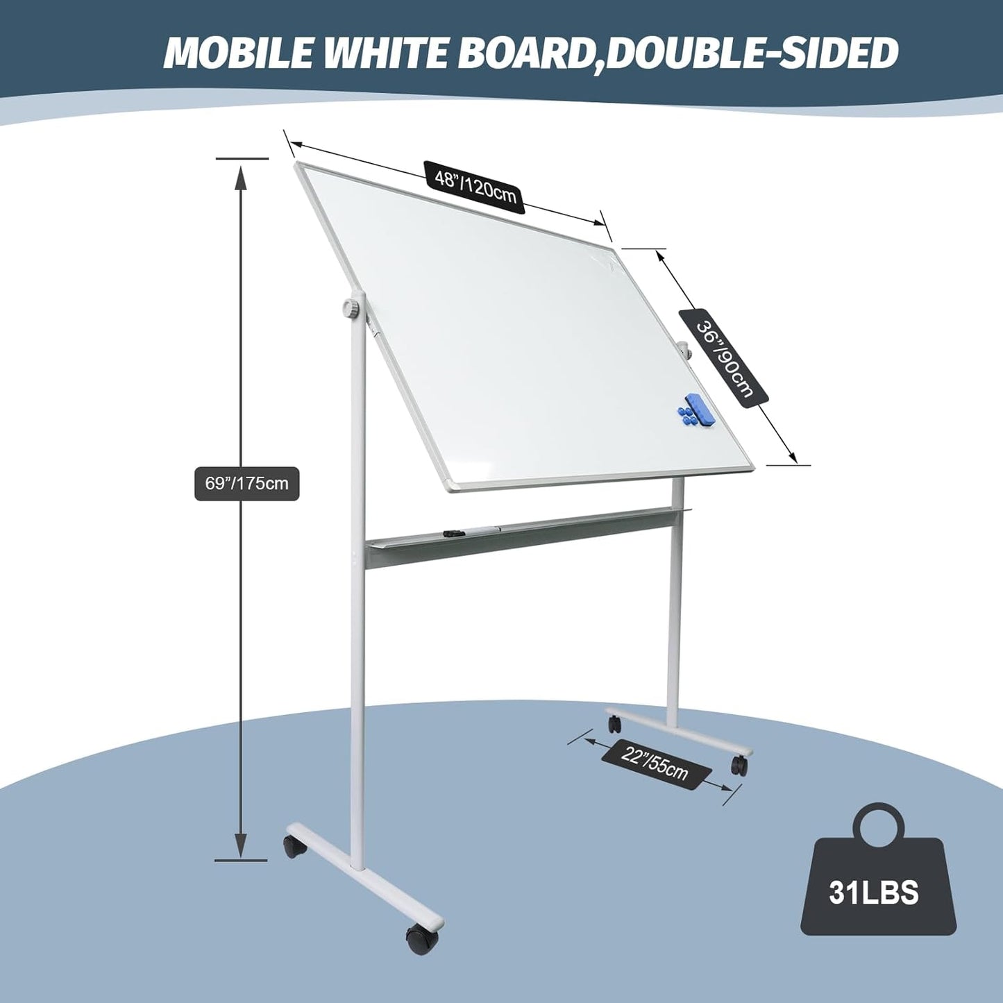 Rolling Whiteboard Magnetic Writeboard 48"x36" Flip Chart with 4 Wheels 2-in-1 Easel-Style Dry Erase Boards 2-in-1 Message Bulletin Board (White)