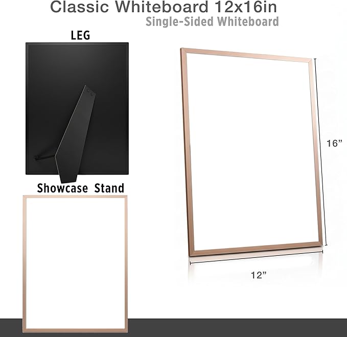 Small Whiteboard 12 x 16 Inch Magnetic Dry Erase Board with Stand & Wall Mount | Rose Gold Aluminum Frame | Desktop Board for Home, Office, Reception, Events | 2 Markers, Eraser & 2 Magnets