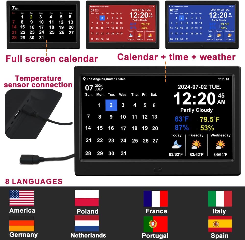 Digital Alarm Clock with Date and Time for Elderly Digital Calendar Clock Photo Frame- Auto Dimmable Display 15 Alarm Options (10.1 inch/Black)