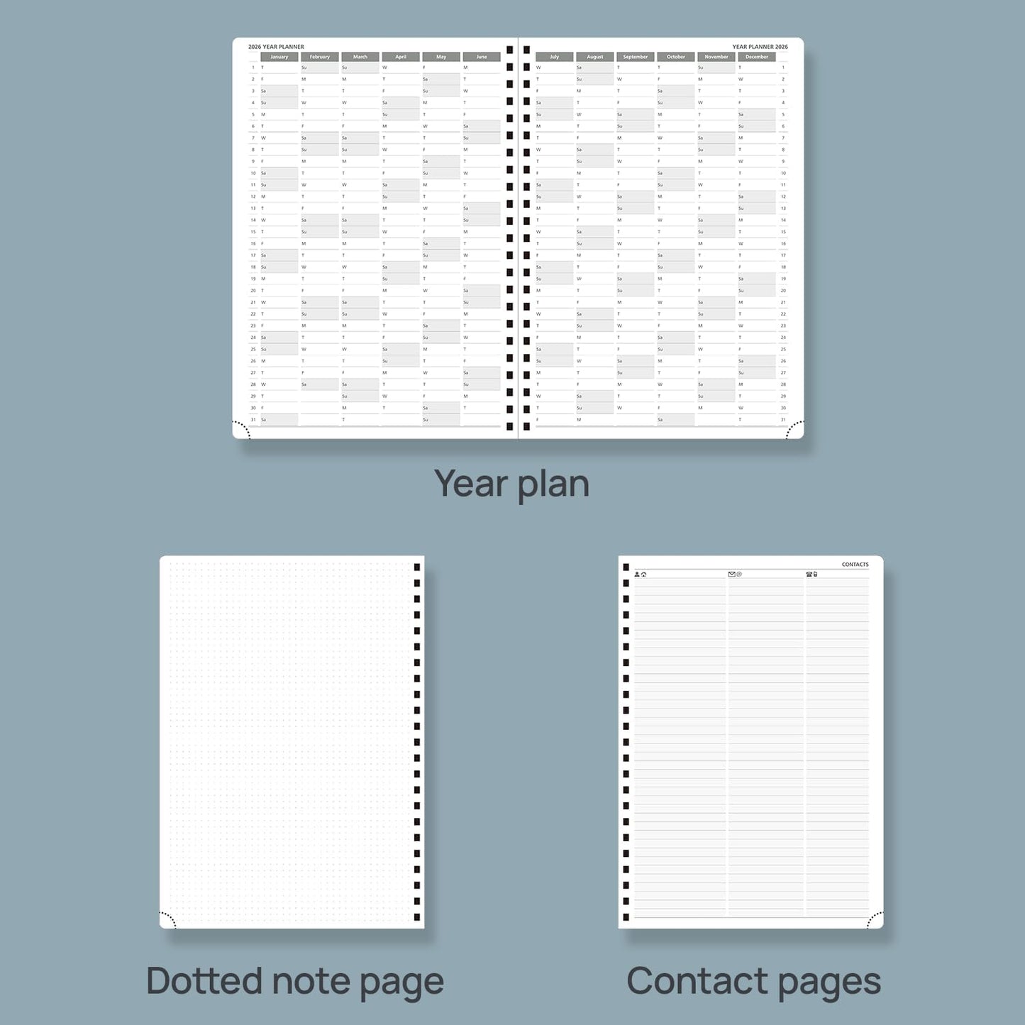POPRUN 2026 Daily Planner One Page A Day - [A4 Large Size 8.25" x 12" -Spiral Hard Cover], Agenda 2026 Hourly Appointment Book with Monthly Calendar, Pen Holder, Ivory Paper -Navy Blue
