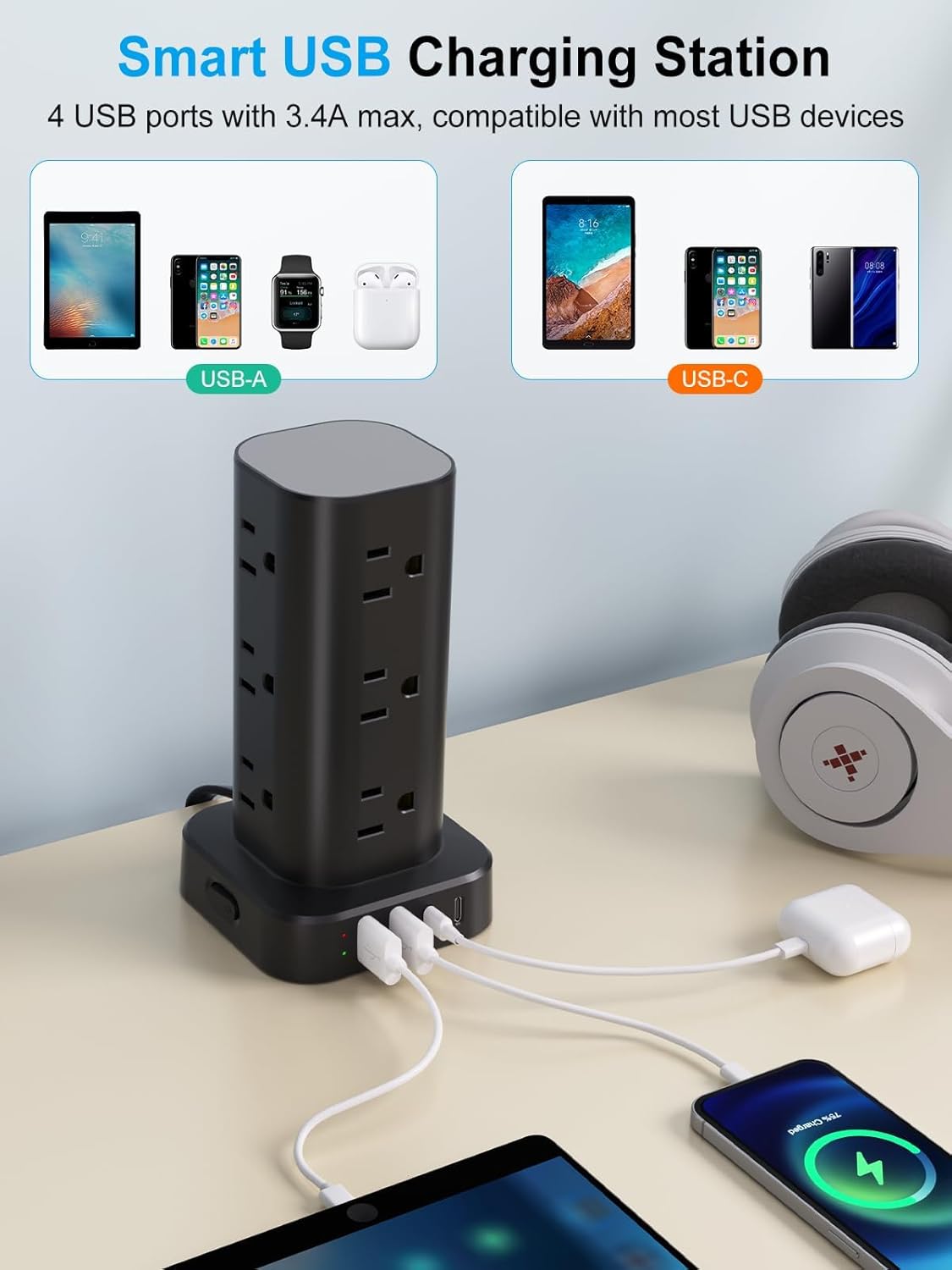 Power Strip Tower with Wireless Charger, Flat Plug Surge Protector Tower with 15FT Extension Cord, 12 AC Multiple Outlets, 4 USB (2 USB C),15W Wireless Charging Power Tower for Home Office Dorm, Black