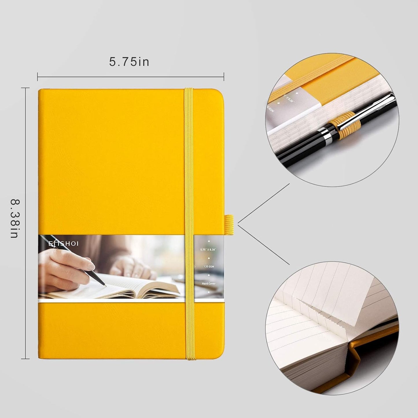 EMSHOI College Ruled Notebook 120gsm Thick Lined Journal - 256 Numbered Pages, A5 Hardcover Leather Writing Notebook for Work, School, Travel - with Sticky Notes, 5.75"x8.38", Yellow