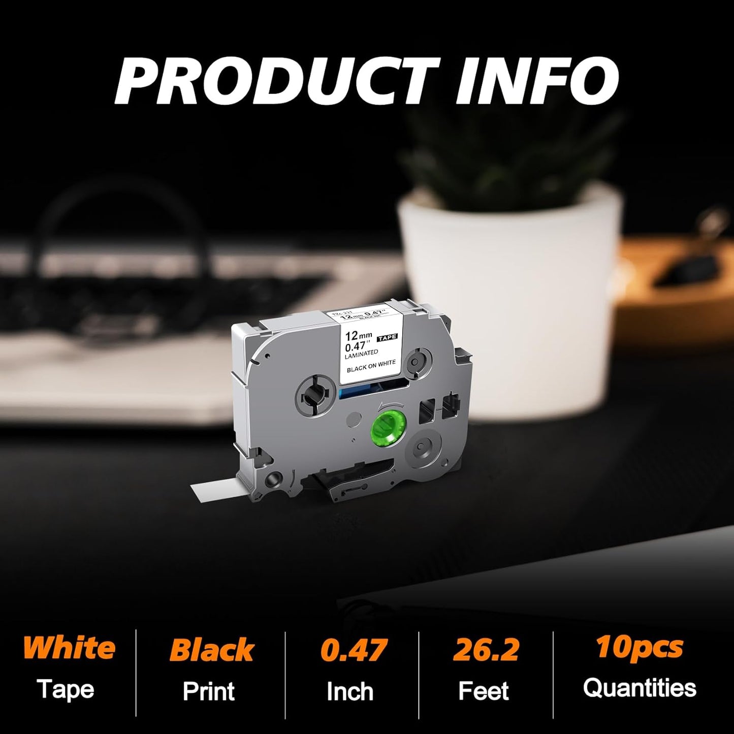 Tze Tz Tape 12mm 0.47 Laminated White Replace for Brother P Touch Label Maker Refill TZE-231 TZ231 TZE23110PKB, White Cartridges for Ptouch Model PT-D201 PT-D210 PT-H110 Printers, 10-Pack