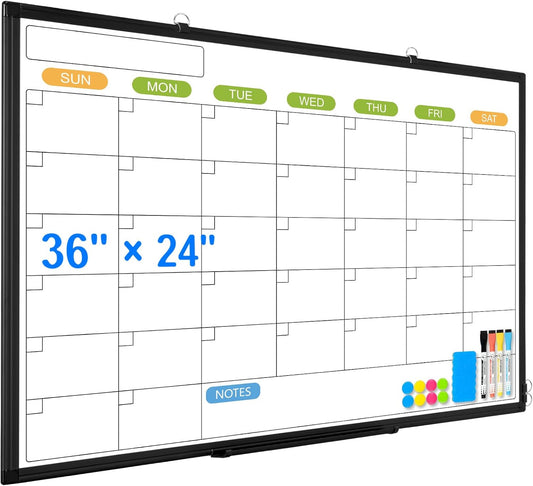 Dry Erase Calendar Whiteboard for Wall, 36" x 24" Double-Sided Magnetic Monthly WhiteBoard Calendar Dry Erase, Wall Hanging Aluminum Frame Calendar Board with Tray for Home, School, Office