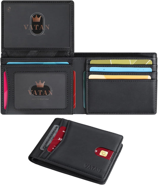 VATAN Wallet for Men, Mens Minimalist Wallet Credit Card Holder, Slim Leather Rfid 2 ID Window Large Capacity With Gift Box (Crazy Horse Black)