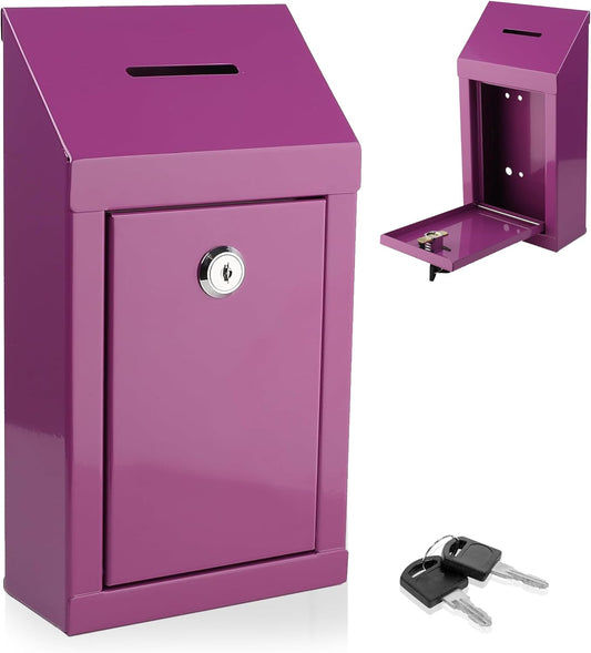Metal Donation Box-Suggestion Box with Slot and lock-Cash Lock box for Money-Secure Drop Box-Comment and ballot voting box-comes with pre-drilled holes for easy wall mounting 10 X 6 X 2.5"(Purple)