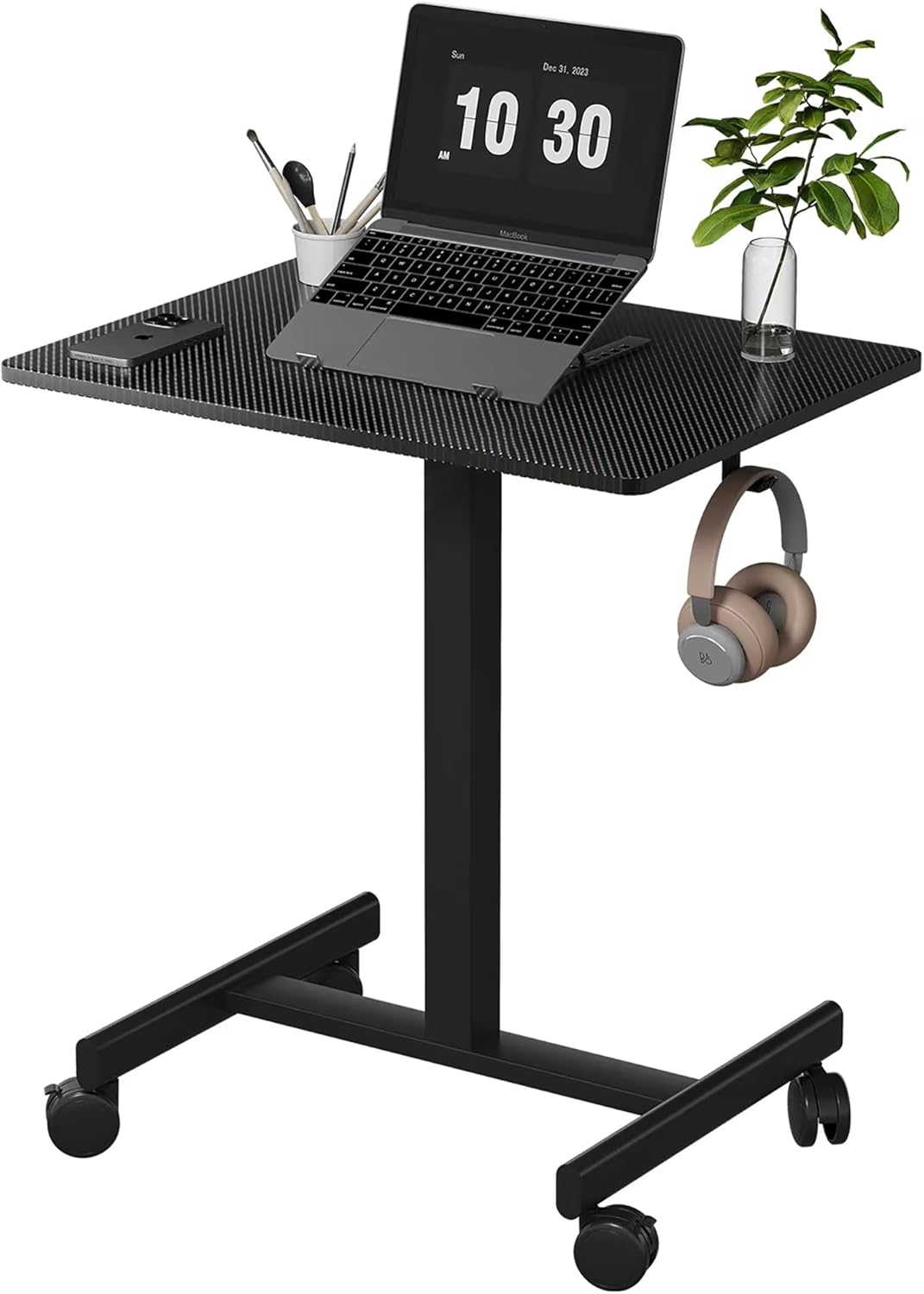 Mobile Small Standing Desk, Gas Spring Adjustable Height Rolling Portable Laptop Desk with Lockable Wheels/Laptop Stand/Hook Rolling Podium (Carbon Fiber Top + Black Frame, 18''×26'')