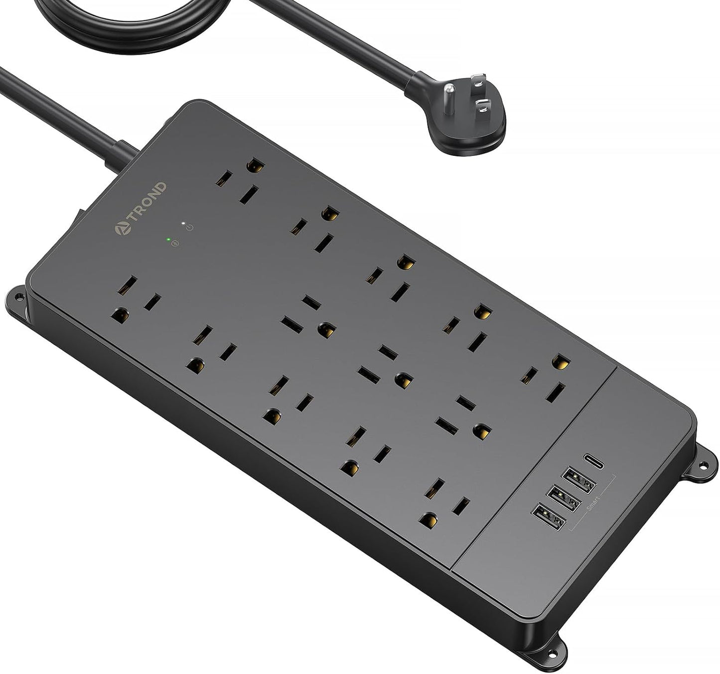 TROND Surge Protector Power Strip 15 ft Cord - Long Extension Cord, 13 Widely-Spaced Outlets Expansion with USB C Ports, 4000 Joules, Flat Plug, Wall Mount, ETL Listed, Office Desk Accessory, Black