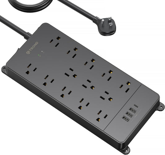 TROND Surge Protector Power Strip 15 ft Cord - Long Extension Cord, 13 Widely-Spaced Outlets Expansion with USB C Ports, 4000 Joules, Flat Plug, Wall Mount, ETL Listed, Office Desk Accessory, Black
