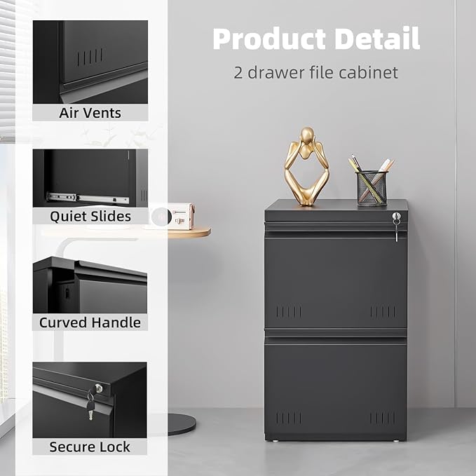 2 Drawer File Cabinets for Home Office, Vertical File Cabinet with Lock, Printer Stand, Office Storage Cabinet for A4/Letter/Legal Size, Under Desk Filing Cabinet, Assembly Required(Black)