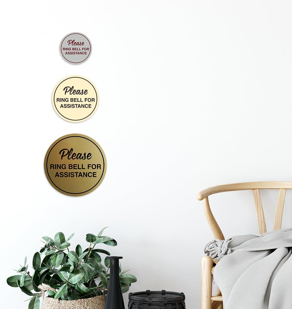 Signs ByLITA Circle Please Ring Bell For Assistance Wall or Door Sign | Easy Installation | Front Desk Reception Sign (Walnut) - Medium (2 Pack)
