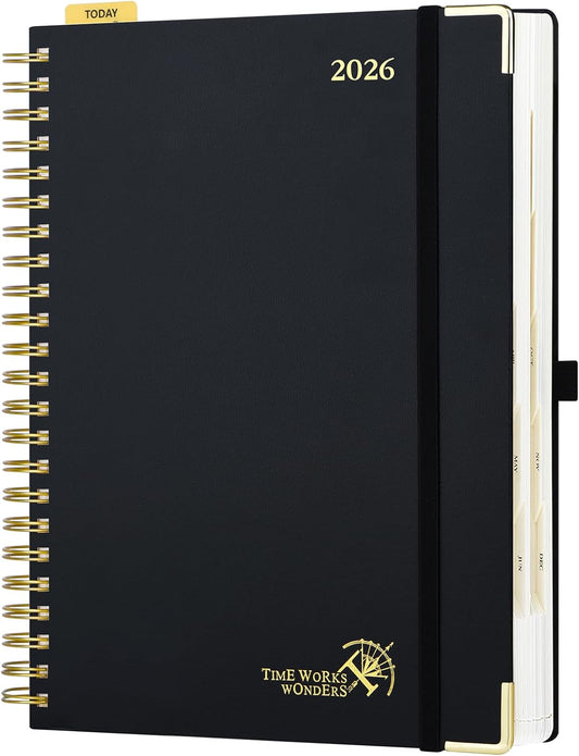 POPRUN 2026 Daily Planner One Page A Day - [A4 Large Size 8.25" x 12" -Spiral Hard Cover], Agenda 2026 Hourly Appointment Book with Monthly Calendar, Pen Holder, Ivory Paper -Black