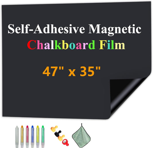 Magnetic Chalkboard Contact Paper with Adhesive, 47" x 35" Magnetic Blackboard Film for Walls, Peel and Stick – Ideal for Office, Classroom, Home. Includes Dustless Chalk, Wiping Cloth, and Magnet