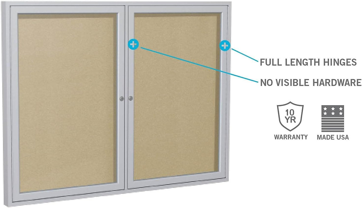 Ghent 36"x60" 2-Door Outdoor Enclosed Vinyl Bulletin Board, Shatter Resistant, with Lock, Satin Aluminum Frame - Silver (PA23660VX-193), Made in The USA