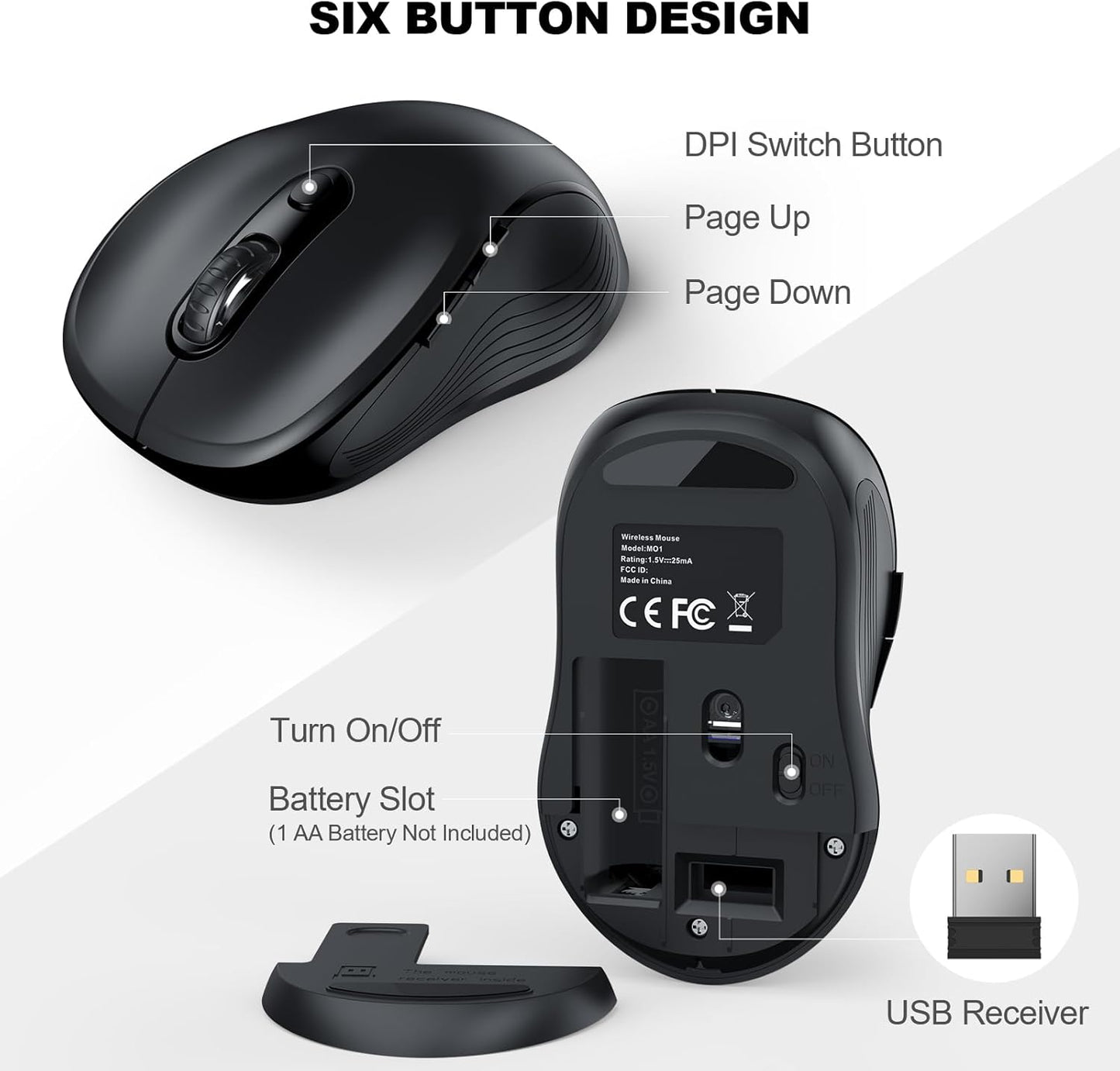 WisFox 2.4G Wireless Mouse for Laptop, Ergonomic Computer Mouse with USB Receiver and Type-C Adapter, 3 Adjustable Levels, 6 Button Cordless Wireless Mice for Windows Mac PC Notebook (Black)