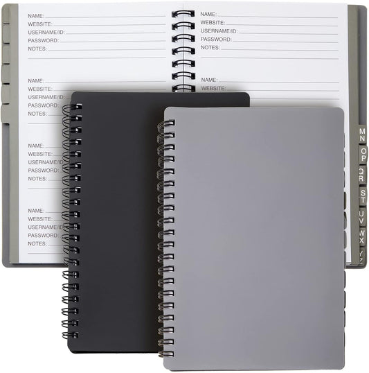 Juvale Password Book with Alphabetical Tabs - 5 x 7 in, 2-Pack, Gray & Black, 80 Lined Pages, Spiral-Bound, Plastic Cover - Password Notebook & Log Book for Username & Login Management