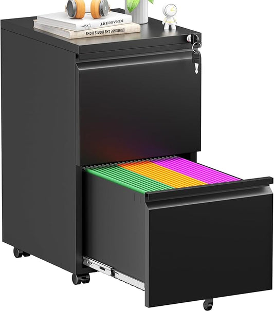 Superday 2 Drawer File Cabinet, Metal Rolling Filing Cabinet with Lock, Small File Cabinets with 2 Drawer, Filing Cabinets for Home Office Fit A4/Letter/Legal, Easy Assemble, Black