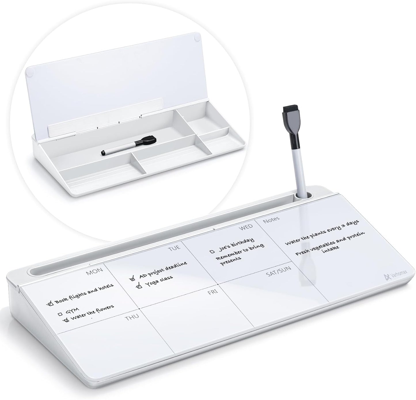 Varhomax Glass Weekly Dry Erase Desk White Board, Desktop to Do List Planner Whiteboard Calendar with Storage Caddy Memo for Home and Office, White