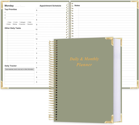 Undated Daily Monthly Planner for 2025 2026 - A4 To Do List with Hourly Schedule, Hardcover Spiral Bound Daily Planner to Increase Focus, Stylish School/Office Supplies, 8.5" x 11", Green