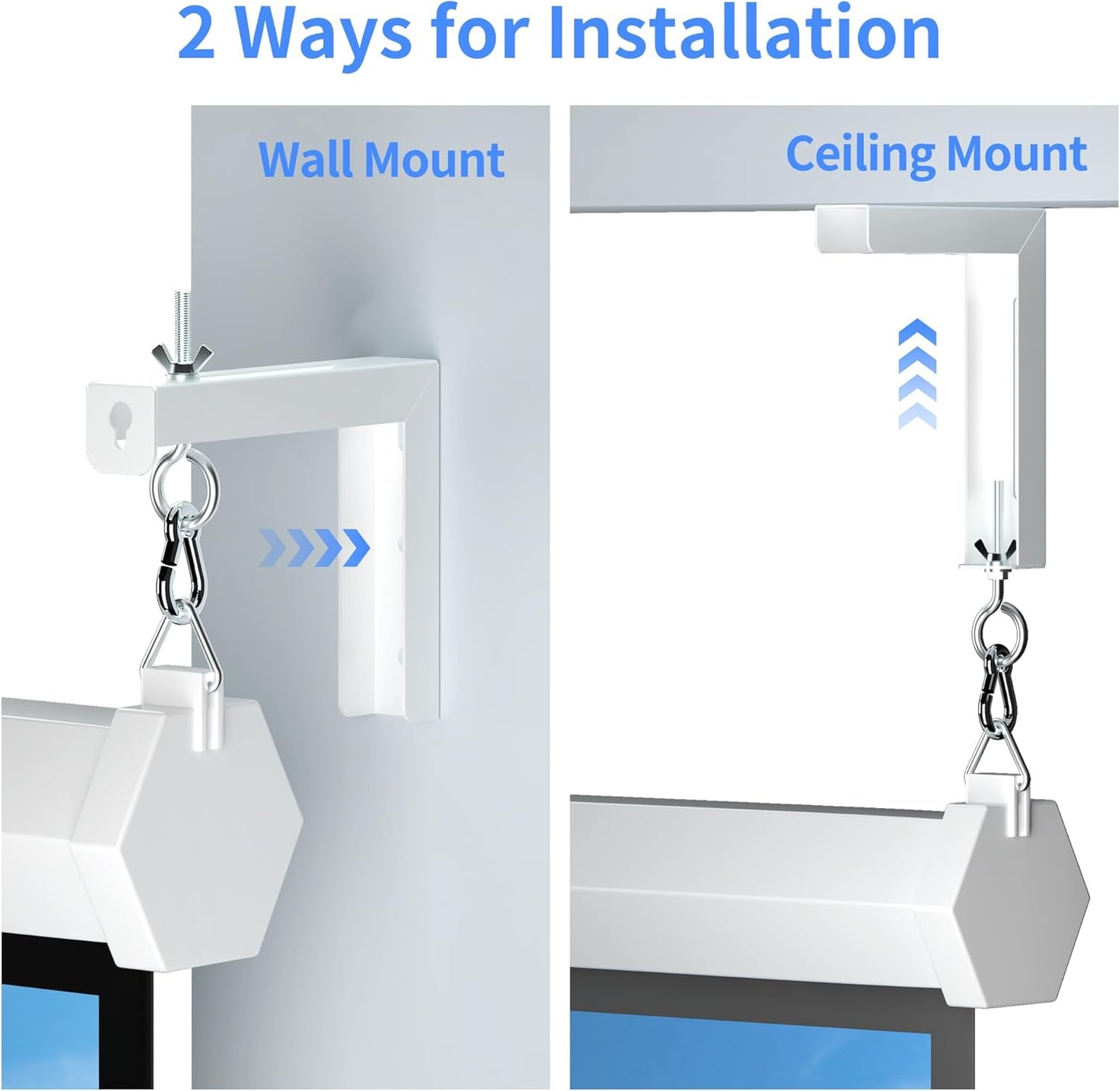 Universal Projector Screen Wall Mount L-Brackets Hanging Ceiling Mount, 6 inch Adjustable Extension with Hook for Home Projector and Movie Screens, Hold up to 66 lbs, White PRL003W