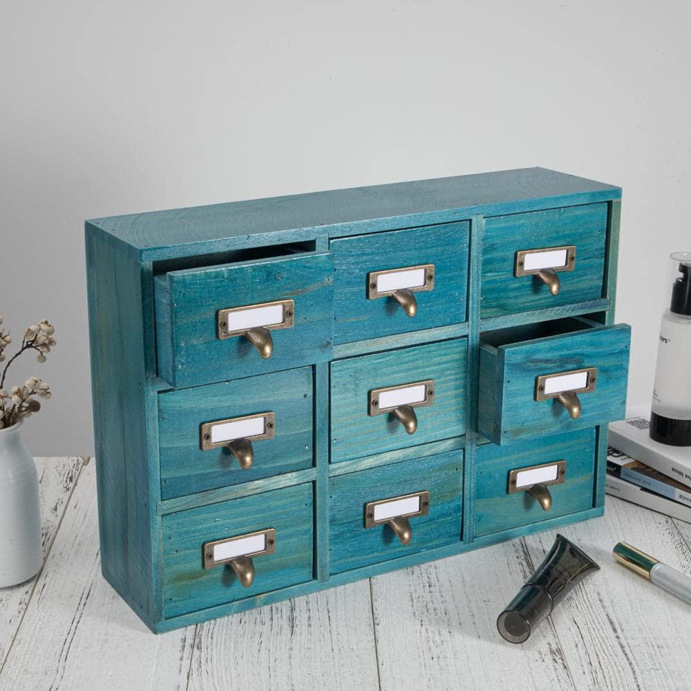 9 Drawers Library Card Catalog Cabinet with Labels Apothecary Cabinet Tabletop Apothecary Chests and Cabinets Herb Storage Box Wooden Desk Drawer Organizer Medicine Vintage Furniture(Blue)