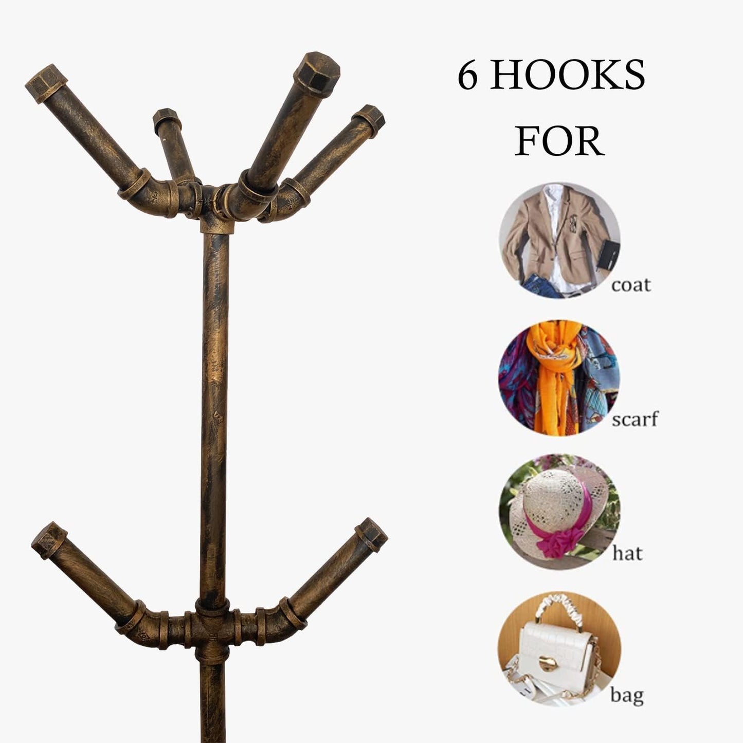 Industrial Coat Rack, Metal Pipe Coat Rack Stand Freestanding with 6 Hooks, Heavy Duty Coat Tree Sturdy Coat Racks for Entryway, Hallway, Bedroom (Vintage gold)
