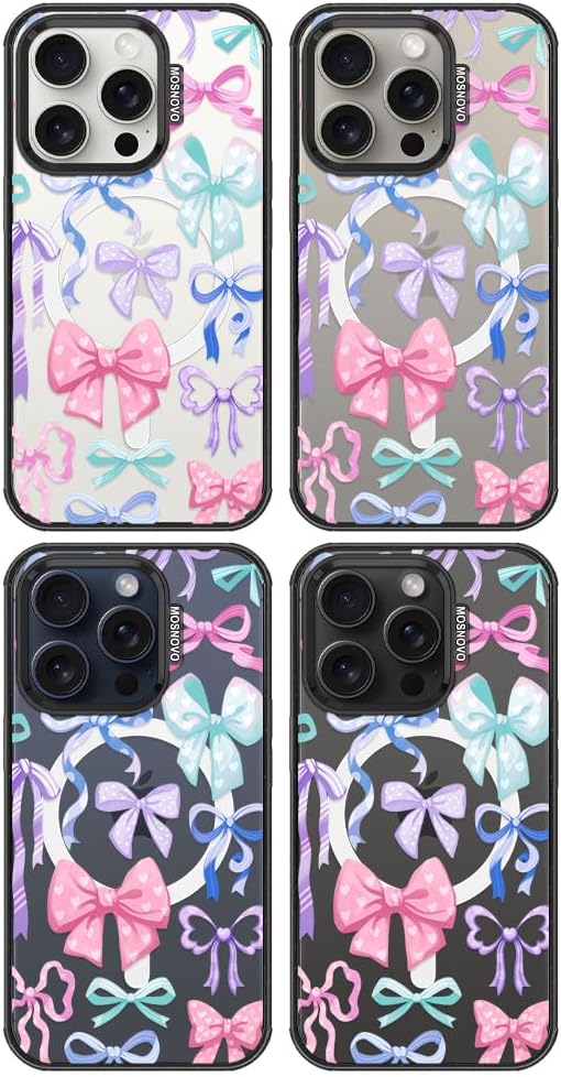 MOSNOVO Magnetic Case for iPhone 15 Pro, 10ft Military-Grade Protection, Compatible with Magsafe, Shockproof Phone Case for iPhone 15 Pro - Bows - Clear Black