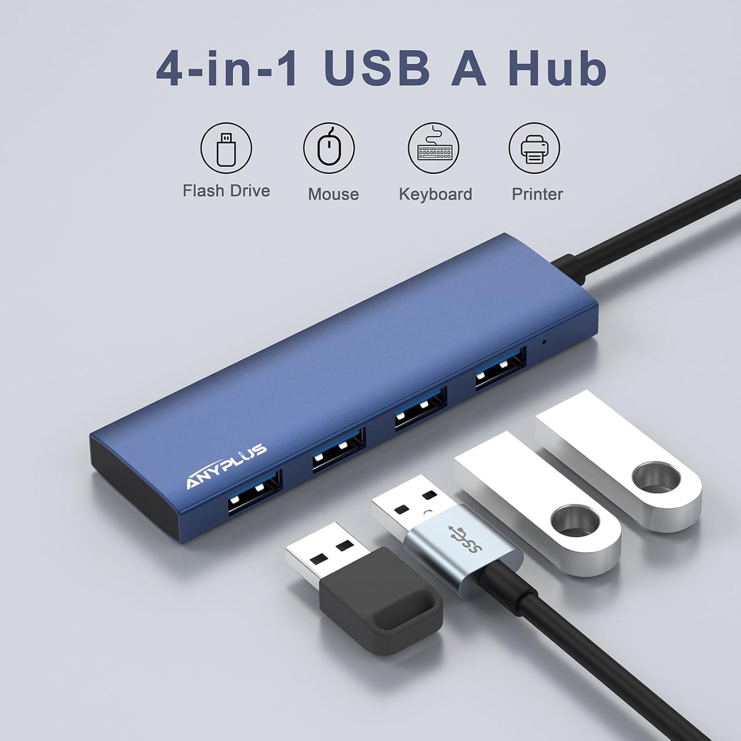 USB Hub, USB 3.0 Hub Aluminum Alloy Ultra Slim USB Splitter, Portable 4 Port USB Extender, USB Hub for Laptop, PC, MacBook, iMac, Surface Pro, Mac Pro, Flash Drive, XPS 【Blue】
