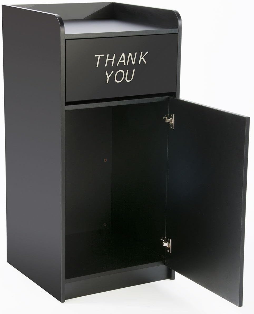 36 Gallon Restaurant Fast Food Trash Bin, Receptacle with Door, Tray Holder (Black Melamine)