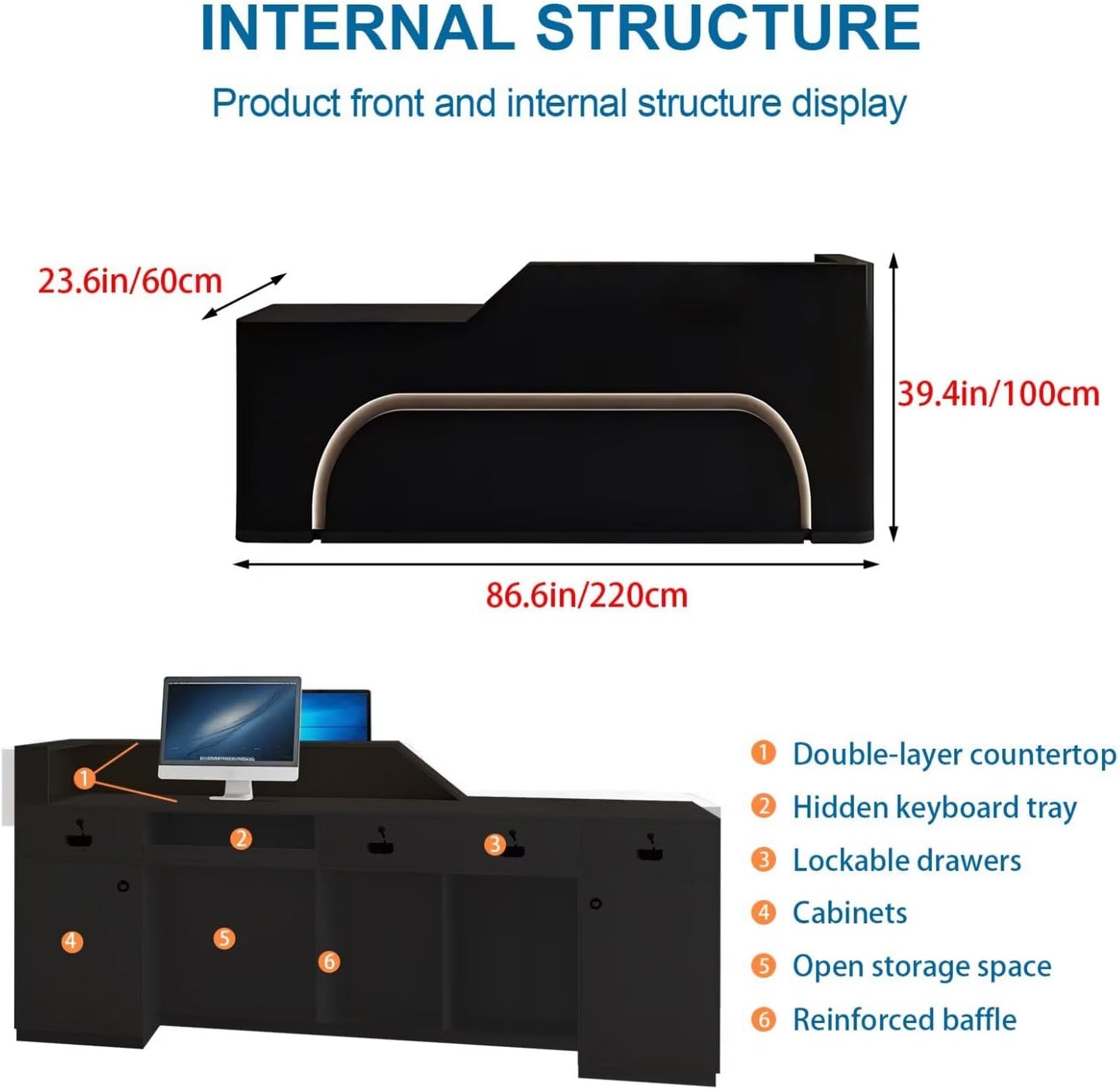Reception Desk with Counter Modern Front Office Desk Large Reception Room Tables Checkout Counter Reception Table for Retail Lobby Beauty Salons E 87inch/220cm