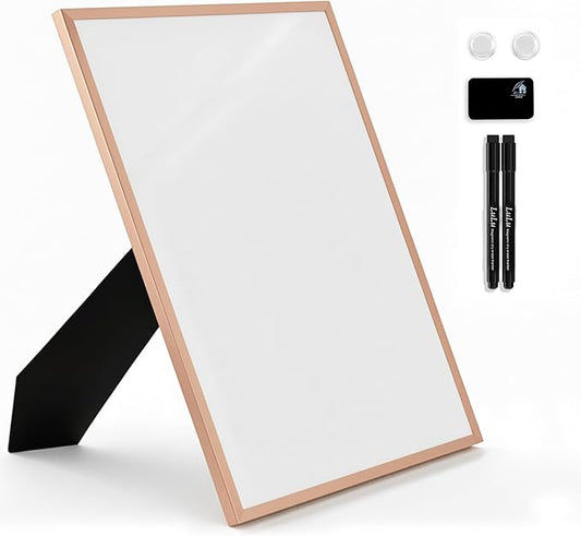 Small Whiteboard 12 x 16 Inch Magnetic Dry Erase Board with Stand & Wall Mount | Rose Gold Aluminum Frame | Desktop Board for Home, Office, Reception, Events | 2 Markers, Eraser & 2 Magnets