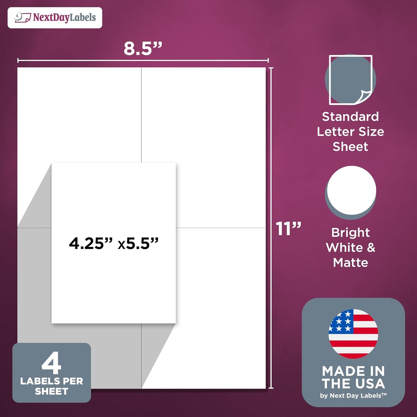 NextDayLabels – 4-1/4" x 5-1/2" Rectangular Sticker Labels for Printer - White Laser/Inkjet Printer Labels Return Address Labels Shipping Label Stickers (500 Sheets, 4 Per Sheet, 2000 Labels)