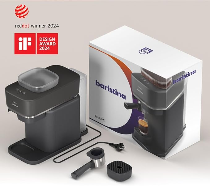 Philips Baristina Espresso Machine, Grind, Tamp & Brew Coffee Beans in One Swipe, Compact, 16 Bar Pump Pressure, Automatic Grinder, Black with Black Portafilter (BAR300/60)