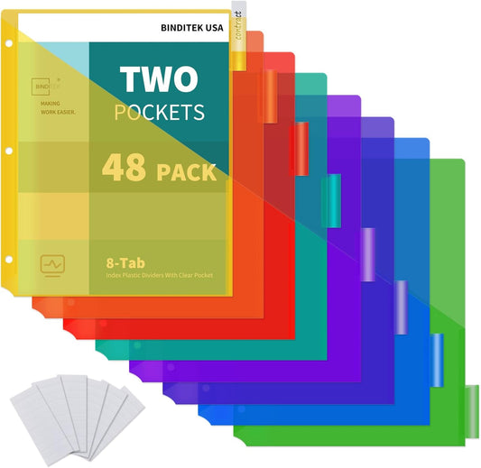 Binditek 48 Pack Plastic 8-Tab Binder Dividers with 2 Pockets, Tab Insertable Poly Pocket Dividers for 3 Ring Binders, Letter Size, Multicolor, Writable Label Cards, for Students and Coworkers, 6 Set