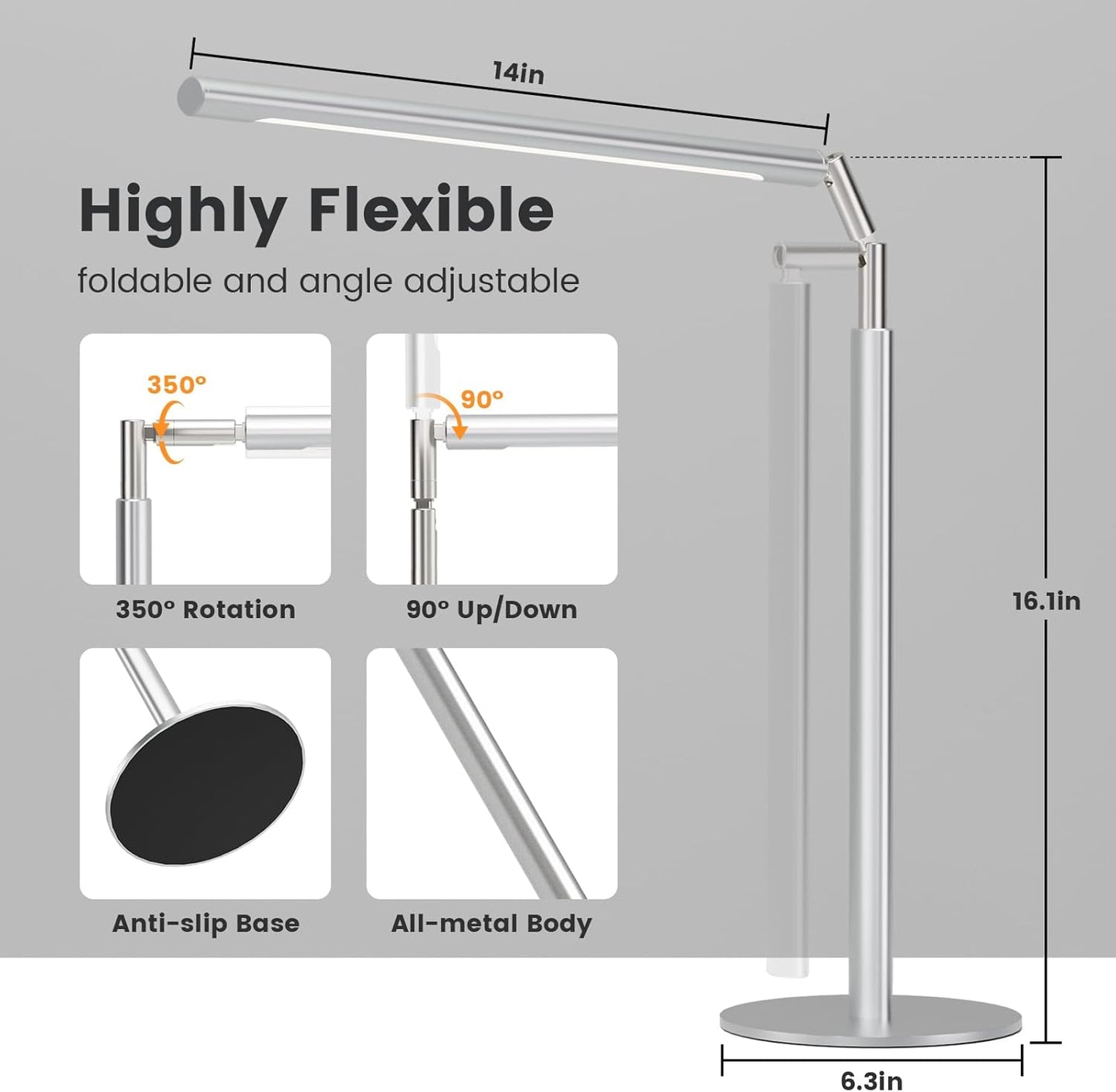 Metal Desk Lamp for Home Office - Foldable LED Table Lamp for Reading, 4 Color & 6 Brightness, 15W Dimmable Desk Light with Flexible Arm, Eye-Caring Desktop Lamp for College Dorm, Silver