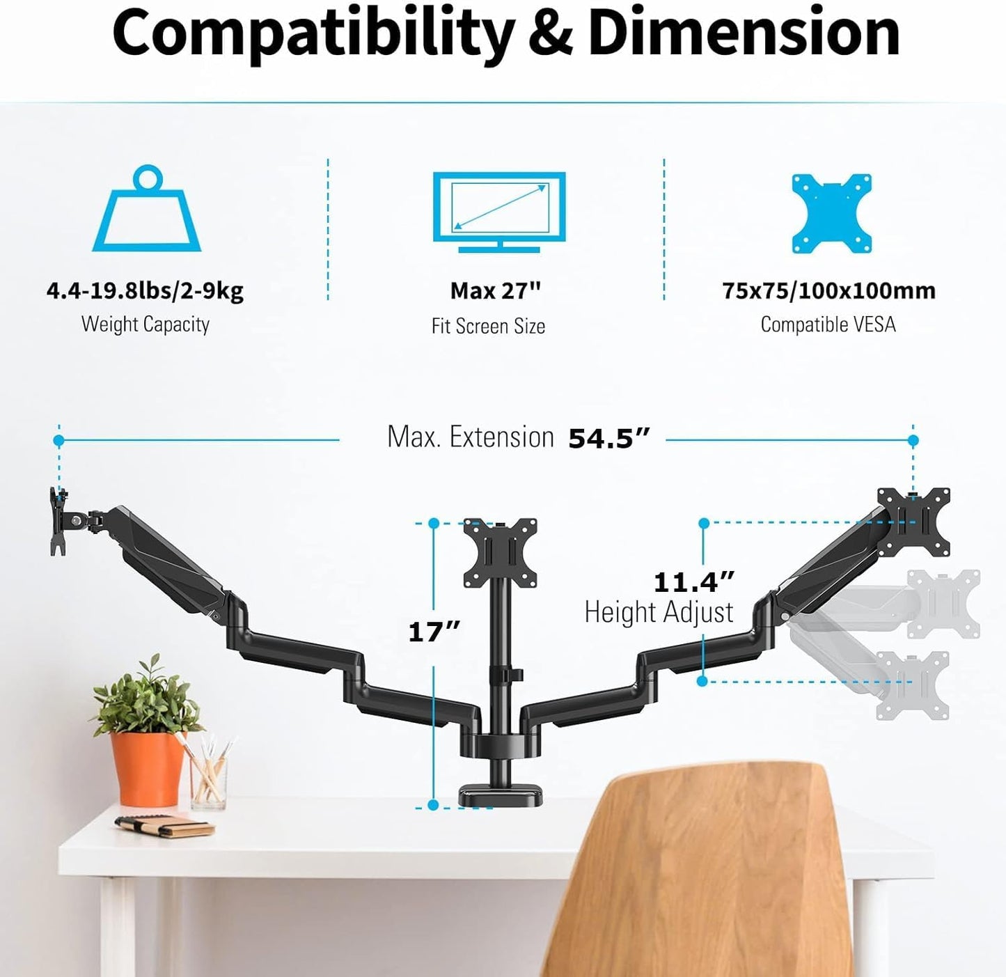 MOUNTUP Triple Monitor Mount, Three Monitor Desk Mount for Max 27 inch Computer Screens, Triple Monitors Stand with Gas Spring, Monitors Arm with Swivel, Tilt, Rotation, Each Arm Holds 4.4-19.8 lbs