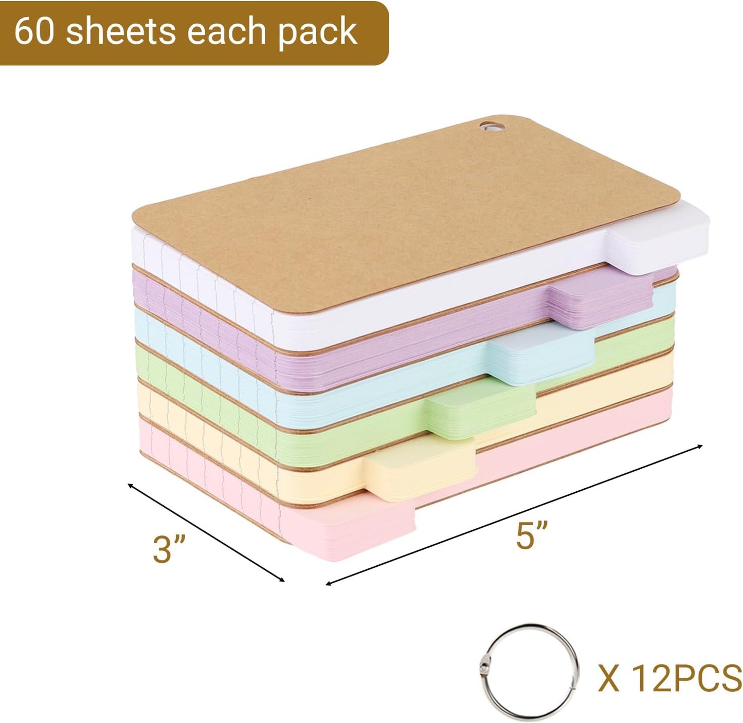 12 Pack 720 Pcs 3x5 Inches Tabbed Index Cards, Colorful Flash Cards with 12 Binder Rings, Ruled Index Cards Lined Note Cards for Study, School,Office Home