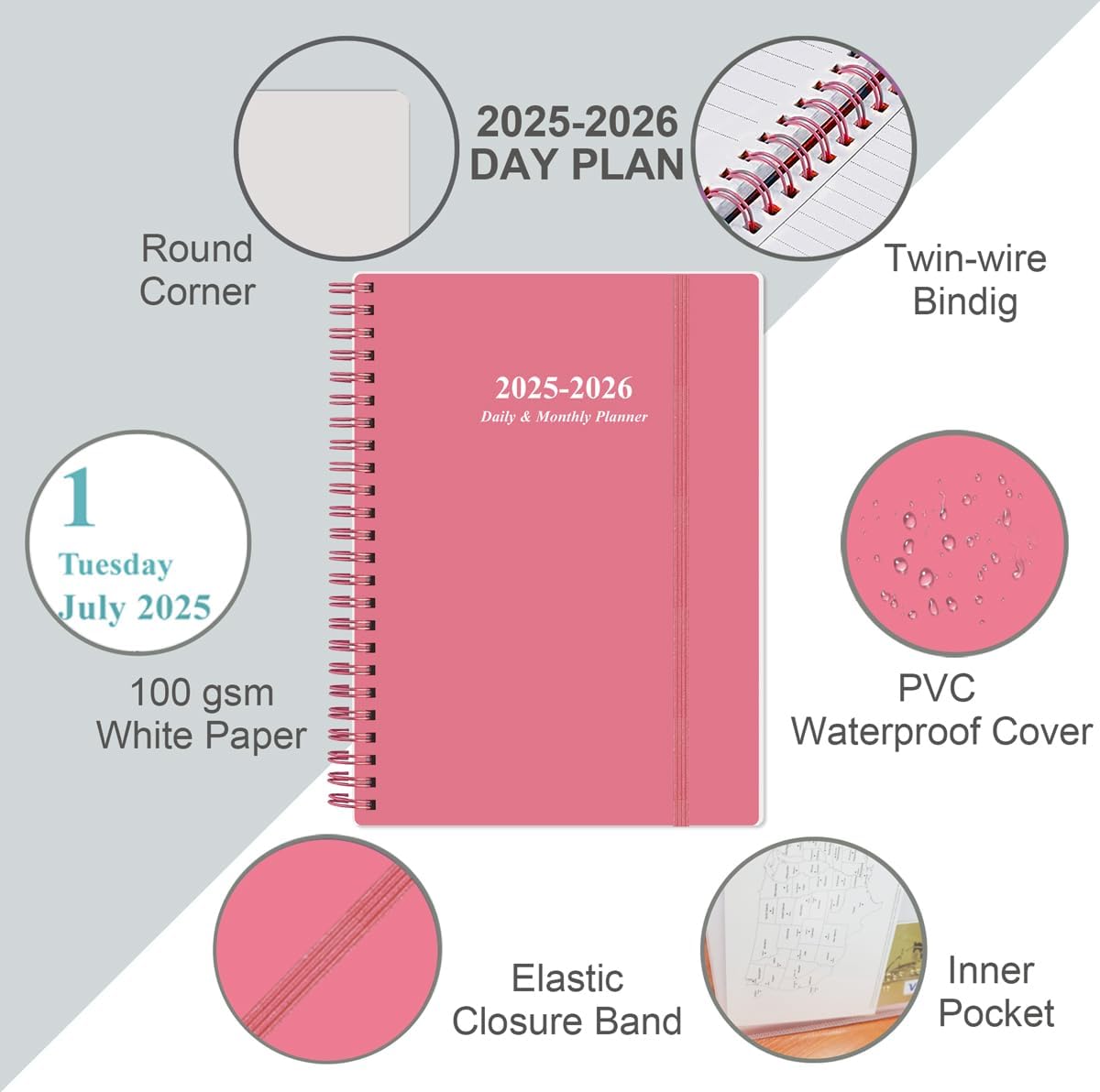 2026 Daily & Monthly Planner - One Page Per Day, Daily Planner 2026 from January 2026 to Deccember 2026, Planner 2026 with 12 Monthly Tabs, 6.4" x 8.5", Pink