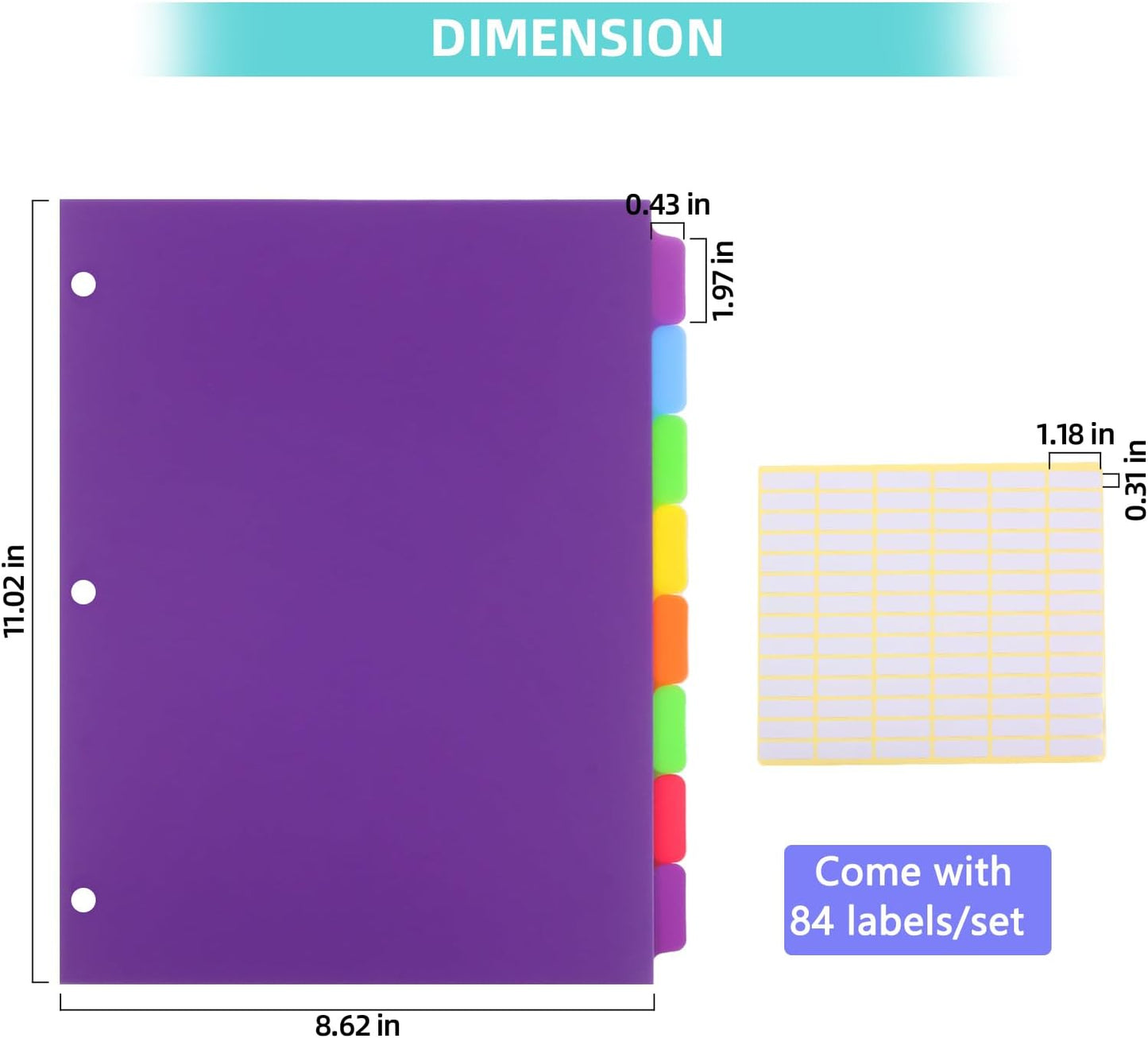 Binder Dividers for 3 Ring Binder, 8 Tab Set, Durable Plastic Tabs with Tabs, Customizable with 42 Labels, Assorted Colors for Office, School, Letter Size